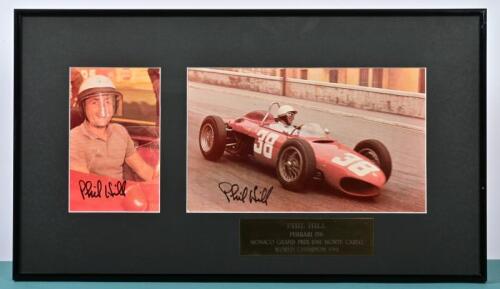 HILL: A Phil Hill related colour picture set. Phil Hill driver and Ferrari 156 pictures signed by Phil Hill
