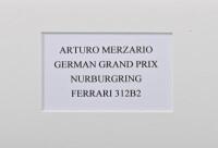 MERZARIO: A black and white picture of Arturo Merzario racing a Ferrari 312B2 at German Grand Prix, Nurburgring. Arturo Merzario signature - 2
