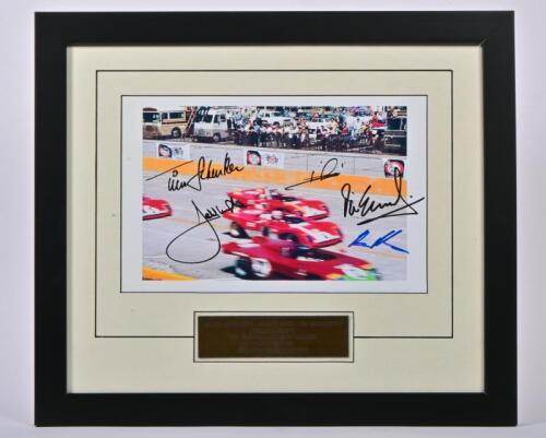 SEBRING: A colour picture from Sebring 12 Hours 1972 of Mario Andretti/Jacky Ickx/Tim Schenken racing a Ferrari 312PB & Vic Elford,/Helmut Marko racing a Alfa T33/TT/3. Picture signed by all drivers