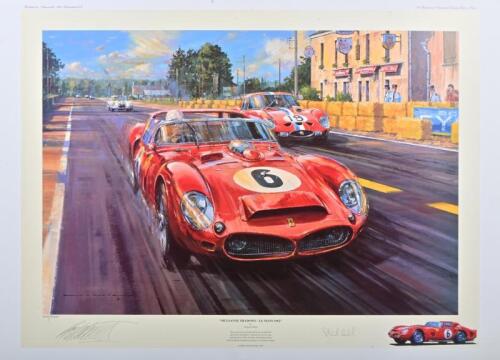 330 LM: A Limited Edition print by Nicholas Watts titled "MULSANNE SHADOWS - LE MANS 1962" featuring the victorious Ferrari 330 LM of Phil Hill and Olivier Gendebien at Le Mans, 23rd-24th June 1962. Print signed by Phil Hill. L.E 400/500