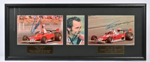 LAUDA: A tri-picture set of Niki Lauda and associated Ferrari racing cars. Ferrari 312T & 312 T2 pictures signed by Niki Lauda