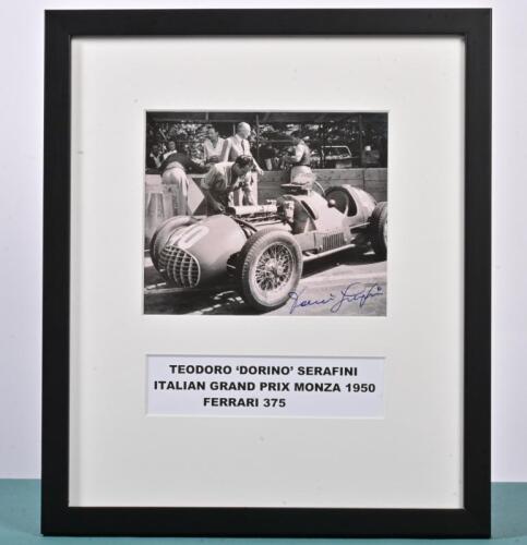 SERAFINI: A black and white picture of TEODORO 'DORINO' SERAFINI at the 1950 Italian Grand Prix, Monza 1950, with a Ferrari 375 in the pits. Picture with Teodoro Serafini signature. Markus Brandes CoA attached in images