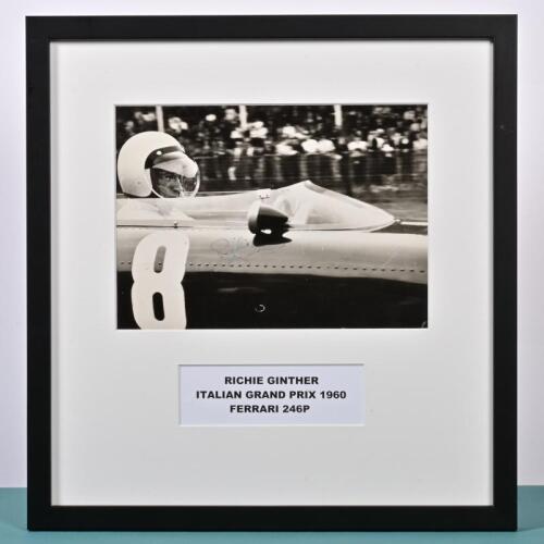 GINTHER: An impressive black and white image of Richie Ginther racing a Ferrari 246P at the 1960 Italian Grand Prix. Image signed by Richie Ginther. Markus Brandes CoA attached