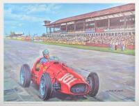 500: A print by Antonio de' Giusti depicting Alberto Ascari racing a Ferrari 500 at the 1952 German Grand Prix, Nurburgring