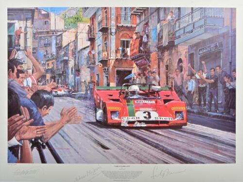 312PB: A Limited Edition print by Nicholas Watts titled "TARGA FLORIO 1972" featuring the Ferrari 312PB of Arturo Merzario leading the Alfa Romeo of de Adamich and Hezemans as they race to victory through the town of Collesano. Print signed by Arturo Merz