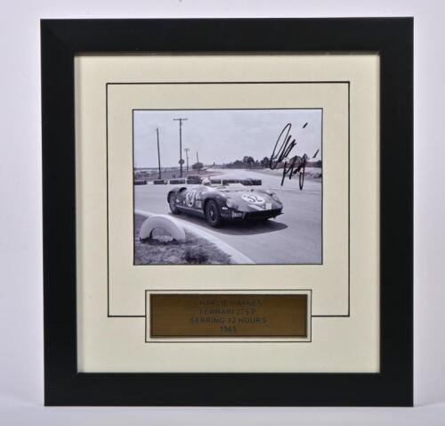 HAYNES: A black and white picture of Charlie Haynes racing a Ferrari 275 P at Sebring 12 Hours 1965. Charlie Hayes signature