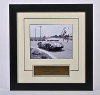 HAYNES: A black and white picture of Charlie Haynes racing a Ferrari 275 P at Sebring 12 Hours 1965. Charlie Hayes signature