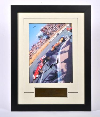 ICKX: A colour image of Jacky Ickx racing a Ferrari 312B at the Monaco Grand 1970. Jacky Ickx signature
