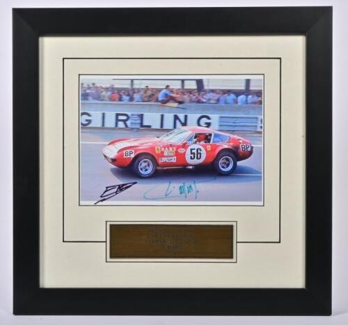 GUITTENY/ETHUIN: A colour picture of Lucien Guitteny/Christian Ethuin racing a Ferrari 365 GTB/4 at Le Mans 1974. Picture signed by both drivers