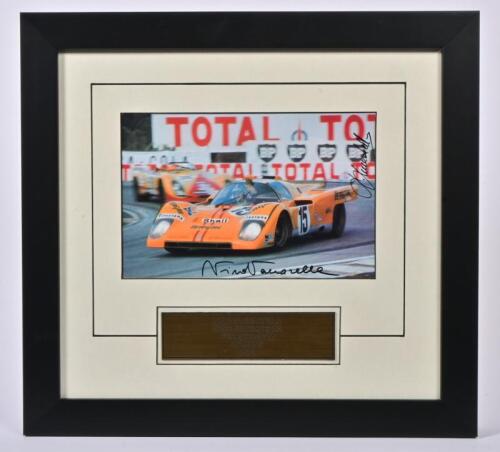 VACCARELLA/JUNCADELLA: A colour picture of Nino Vaccarella/Jose Juncadella racing a Ferrari 512 M at Le Mans 1971. Picture signed by both drivers