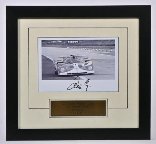 MANFREDINI: A black and white picture of Corrado Manfredini racing a Ferrari 512 M at Le Mans 1971. Corrado Manfredini signature