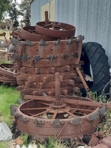 A group of mainly McCormick Deering&nbsp;wheels, some possibly Case, fronts & rear