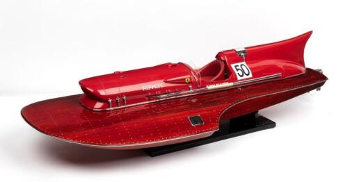 TIMOSSI FERRARI: A detailed model of the 1951 Timossi-Ferrari racing hydroplane Arno XI on stand, 21cm high, 91cm wide, 38cm deep