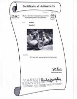 SERAFINI: A black and white picture of TEODORO 'DORINO' SERAFINI at the 1950 Italian Grand Prix, Monza 1950, with a Ferrari 375 in the pits. Picture with Teodoro Serafini signature. Markus Brandes CoA attached in images - 6