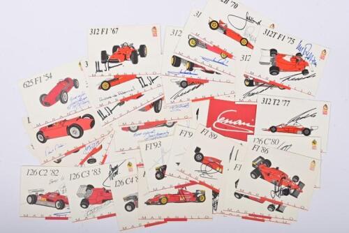 FERRARI: A set of 'Ferrari 1898 - 1998' postcards from Galleria Ferrari depicting a myriad of Ferrari race cars from '159 S SPORT' 47' to 'F1 '95'. Various Ferrari driver signatures including Jose Froilan Gonzalez, Paul Frere, Nino Vaccarella, Chris Amon,