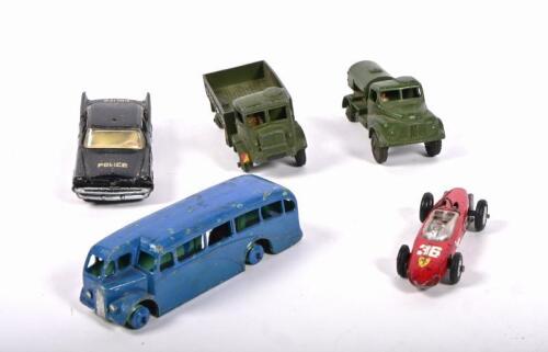 ENGLISH DIECAST: Five English diecast toys from Corgi and Dinky. Military trucks, Police Car, Ferrari Formula 1 car