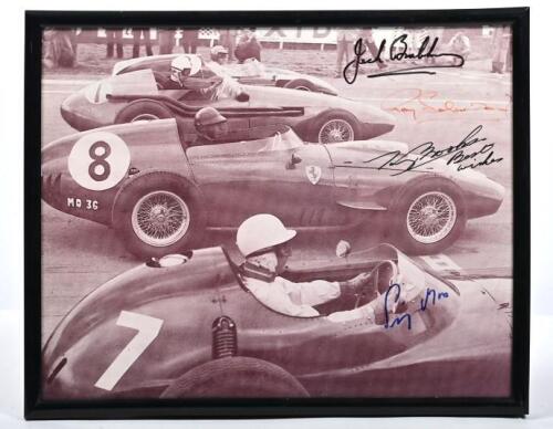 SILVERSTONE: An interesting picture depicting the front starters for the 1959 DAILY EXPRESS INTERNATIONAL TROPHY, SILVERSTONE Grand Prix. Signed by Sir Jack Brabham, Roy Salvadori, Tony Brooks, Stirling Moss