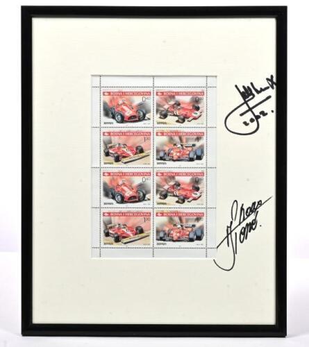 ARNOUX/ICKX: A framed 2001 BOSNA I HERCEGOVINA issued Ferrari stamp set depicting various Ferrari F1 race cars. Mounting signed by Rene Arnoux and Jacky Ickx