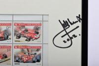 ARNOUX/ICKX: A framed 2001 BOSNA I HERCEGOVINA issued Ferrari stamp set depicting various Ferrari F1 race cars. Mounting signed by Rene Arnoux and Jacky Ickx - 2