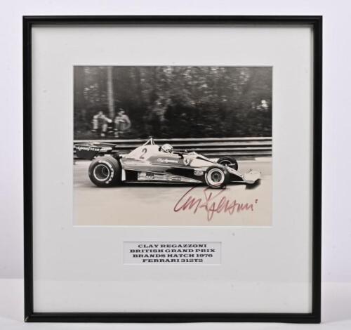 REGAZZONI: A black and white picture of Clay Regazzoni racing a Ferrari 312T2 at the 1976 British Grand Prix, Brands Hatch. Picture signed by Clay Regazzoni