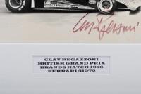 REGAZZONI: A black and white picture of Clay Regazzoni racing a Ferrari 312T2 at the 1976 British Grand Prix, Brands Hatch. Picture signed by Clay Regazzoni - 2