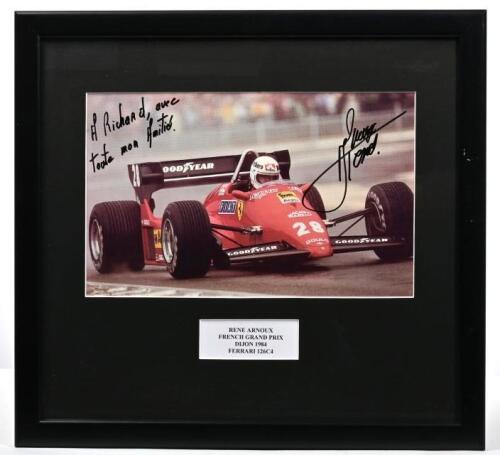 ARNOUX: A colour picture of Rene Arnoux racing a Ferrari 126C4 at the FRENCH GRAND PRIX DIJON, 1984. Rene Arnoux signature