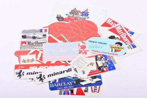 FORMULA 1 STICKERS: A large quantity of period Formula 1 stickers including 'AVIA Fittipaldi', 'HARIBO - DIDIER PIRONI','RACING ELF TEAM'
