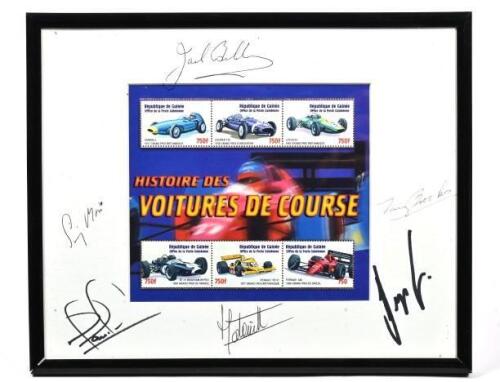 FORMULA 1: A framed Republique de Guinee issued stamp set - 'HISTOIRE DES VOITURES DE COURSE'. Grand Prix drivers signatures including Jean Alesi, Gerhard Berger, Sir Jack Brabham, Tony Brooks, Jean Pierre Jabouille, Nigel Mansell, Stirling Moss