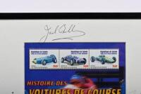 FORMULA 1: A framed Republique de Guinee issued stamp set - 'HISTOIRE DES VOITURES DE COURSE'. Grand Prix drivers signatures including Jean Alesi, Gerhard Berger, Sir Jack Brabham, Tony Brooks, Jean Pierre Jabouille, Nigel Mansell, Stirling Moss - 2