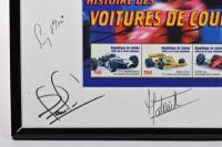 FORMULA 1: A framed Republique de Guinee issued stamp set - 'HISTOIRE DES VOITURES DE COURSE'. Grand Prix drivers signatures including Jean Alesi, Gerhard Berger, Sir Jack Brabham, Tony Brooks, Jean Pierre Jabouille, Nigel Mansell, Stirling Moss - 3