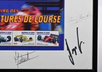 FORMULA 1: A framed Republique de Guinee issued stamp set - 'HISTOIRE DES VOITURES DE COURSE'. Grand Prix drivers signatures including Jean Alesi, Gerhard Berger, Sir Jack Brabham, Tony Brooks, Jean Pierre Jabouille, Nigel Mansell, Stirling Moss - 4