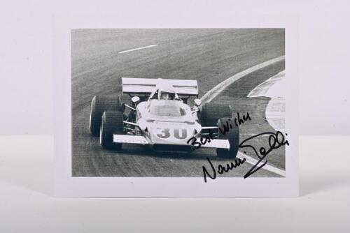 GALLI: A black and white image of Nanni Galli racing a Ferrari 312B at the 1972 French Grand Prix. Nanni Galli signature