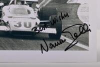 GALLI: A black and white image of Nanni Galli racing a Ferrari 312B at the 1972 French Grand Prix. Nanni Galli signature - 2