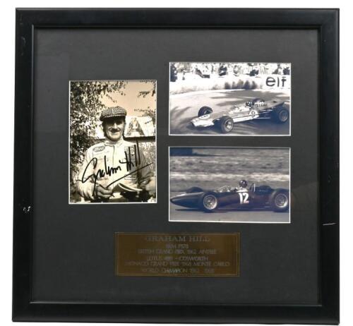 HILL: A black and white picture set of Graham Hill. Driver picture signed by Graham Hill