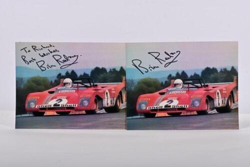 REDMAN: Two colour images of Brian Redman racing a Ferrari 312PB at 1972 Nurburgring. Brian Redman signatures