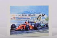CAPELLI: A 1990 Michael Turner A4 size print of Alain Prost (Ferrari) and Ivan Capelli (Leyton House-Judd) at the 1990 French Grand Prix, Paul Ricard, commemorating Ferrari's 100th Grand Prix victory. Ivan Capelli signature