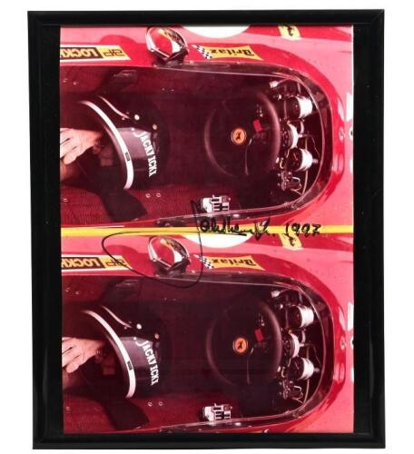 ICKX: A colour double image of a Ferrari F1 cockpit as driven by Jacky Ickx. Jacky Ickx signature