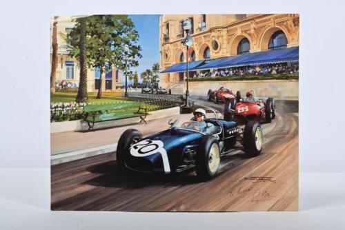 MOSS: A Michael Turner print from 1995 of Stirling Moss racing a Lotus Climax at the 1961 Monaco Grand Prix, Monte Carlo. Stirling Moss signature