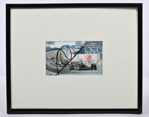 HAKKINEN: A stamp picture set featuring 1998 FORMULA 1 WORLD CHAMPION MIKA HAKKINEN Finnish stamps. Stamp set signed by Mika Hakkinen