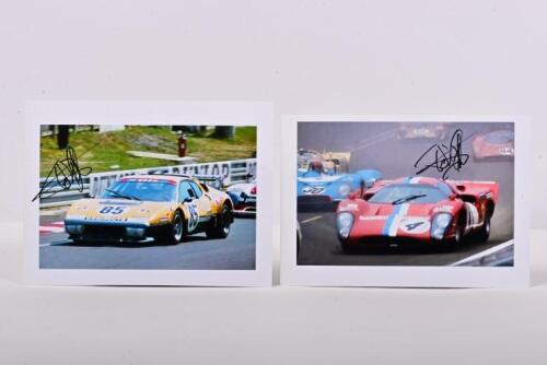 PILETTE: Two colour images on photographic paper of Teddy Pilette racing at Le Mans. Lola T70 from Le Mans 1970 & Ferrari 512BB from Le Mans 1978. Teddy Pilette signatures
