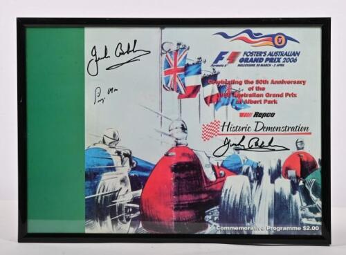 BRABHAM/MOSS: A framed Official Programme from the 'F1 FOSTER'S AUSTRALIAN GRAND PRIX 2006, MELBOURNE 30 MARCH - 2 APRIL - Celebrating the 50th Anniversary of the 1956 Australian Grand Prix at Albert Park' Commemorative Programme, cover signed by Sir Jack