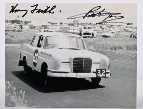 FIRTH/JANE: A black and white picture of Harry Firth and Bob Jane racing to victory in a Mercedes-Benz 220SE at the 1961 Armstrong 500. Firth & Jane signatures