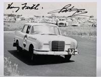 FIRTH/JANE: A black and white picture of Harry Firth and Bob Jane racing to victory in a Mercedes-Benz 220SE at the 1961 Armstrong 500. Firth & Jane signatures