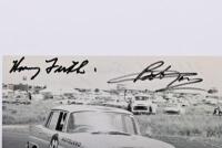 FIRTH/JANE: A black and white picture of Harry Firth and Bob Jane racing to victory in a Mercedes-Benz 220SE at the 1961 Armstrong 500. Firth & Jane signatures - 2