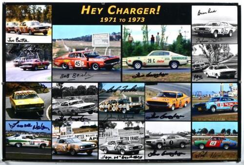CHARGER: A 'HEY CHARGER! 1971 to 1973' picture collage displaying racing Valiant Chargers from the period. Multiple Valiant Charger racing driver signatures including Bob Beasley, Bob Forbes, Leo Geoghegan, John Millford