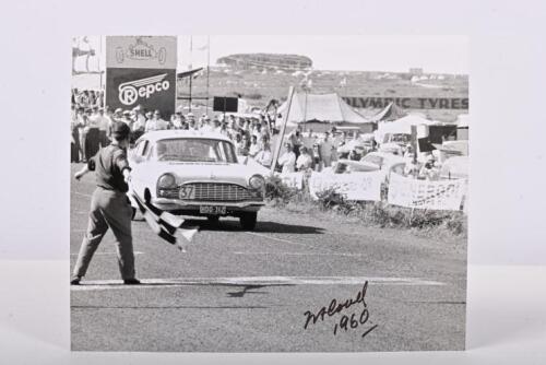COAD: A black and white picture of Frank Coad racing a Vauxhall Cresta to victory at the 1960 Armstrong 500. Frank Coad signature