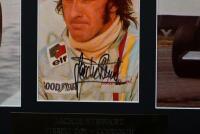 STEWART: A three colour picture display of Jackie Stewart and associated racing cars. Tyrell & Matra pictures signed by Jackie Stewart - 3