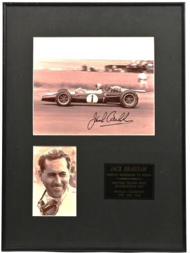 BRABHAM: A two image picture set of Sir Jack Brabham racing a Repco Brabham V8 BT24/1 at the BRITISH GRAND PRIX SILVERSTONE 1967. Sir Jack Brabham signed picture of a Repco Brabham V8 BT24/1