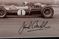 BRABHAM: A two image picture set of Sir Jack Brabham racing a Repco Brabham V8 BT24/1 at the BRITISH GRAND PRIX SILVERSTONE 1967. Sir Jack Brabham signed picture of a Repco Brabham V8 BT24/1 - 2