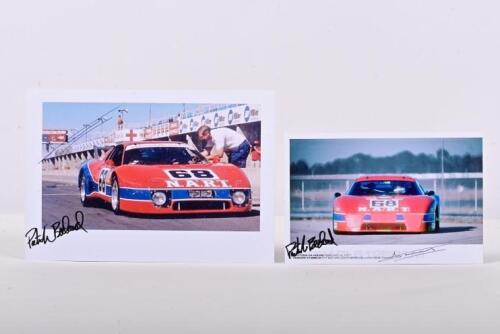 FERRARI 512BB/LM: Two colour images of the N.A.R.T Ferrari 512BB/LM as raced by Pat Bedard, Jean-Pierre Delaunay, Bob Tullius at 1977 Daytona 24 Hours. Bedard and Delaunay signatures